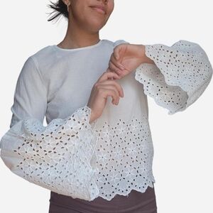 Lace Bell Sleeve White Cotton Blouse